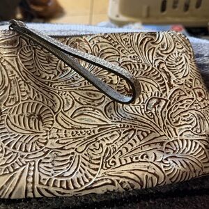Patricia Nash Cream and Brown Embossed Wristlet